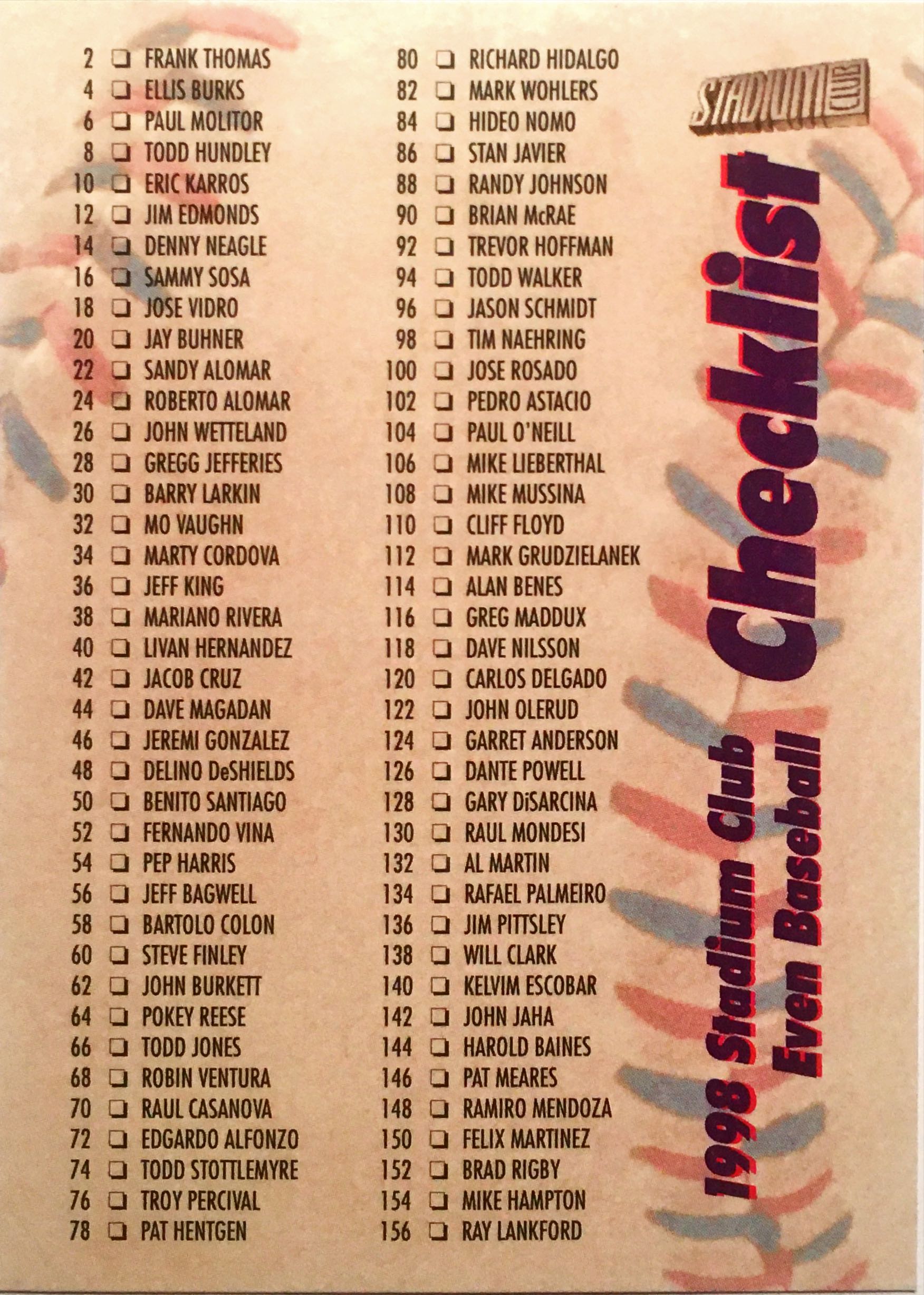1998 Stadium Club Checklist 1 front image