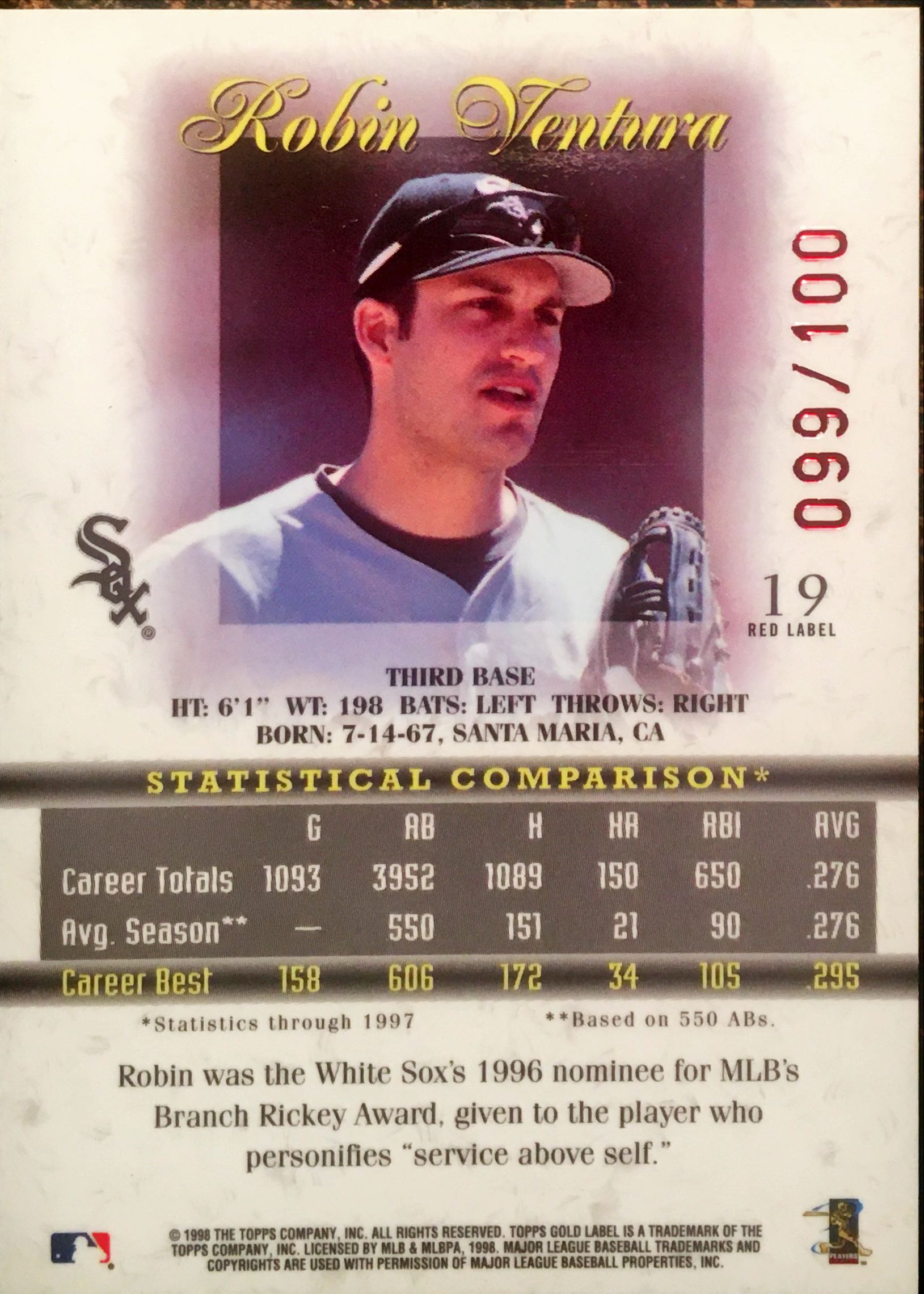 1998 Topps Gold Label Class 1 Red 19 back image